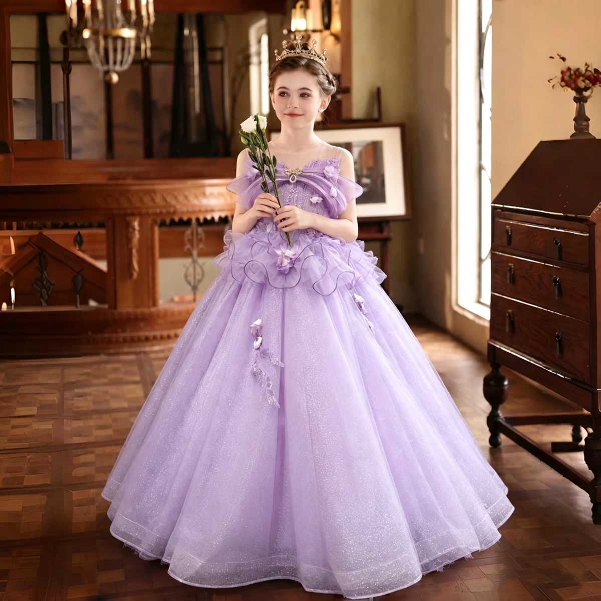 Lilac Floral Girls Princess Dress D308