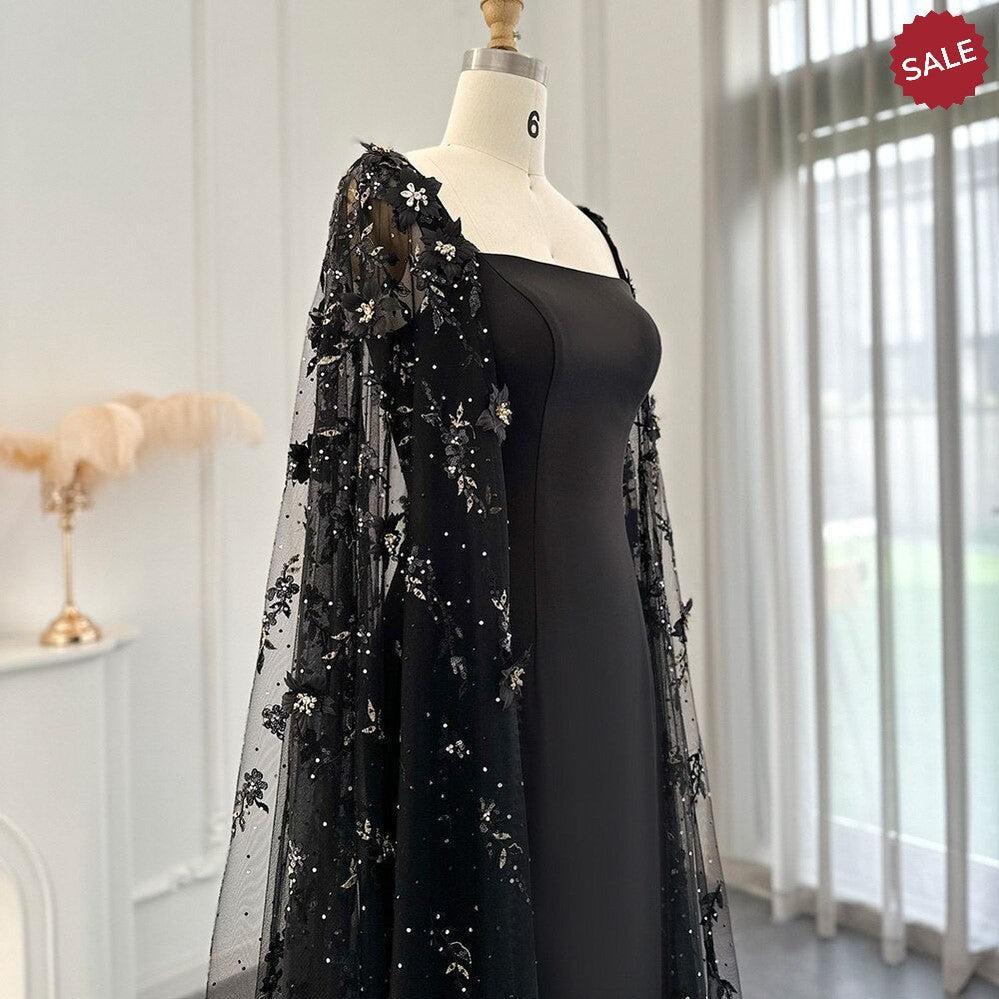Luxury 3D Flowers Black Satin Arabic Evening Dress with Cape Elegant Mermaid SS479