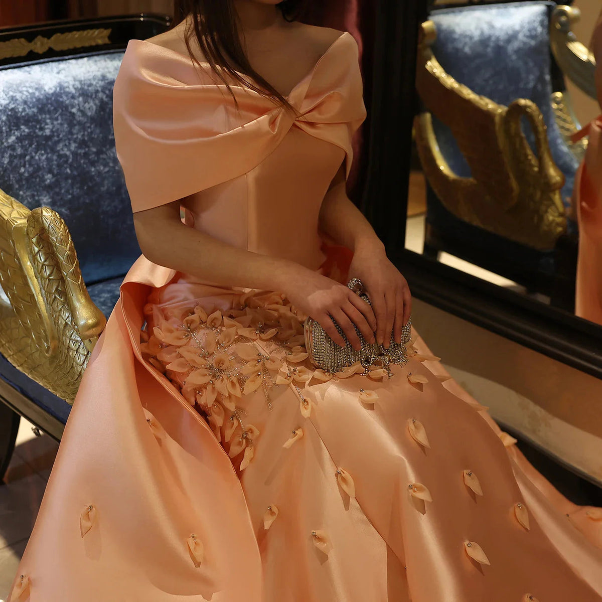 Luxury 3D Flowers Blush Pink Satin Mermaid Evening Dress Elegant Off Shoulder SS464