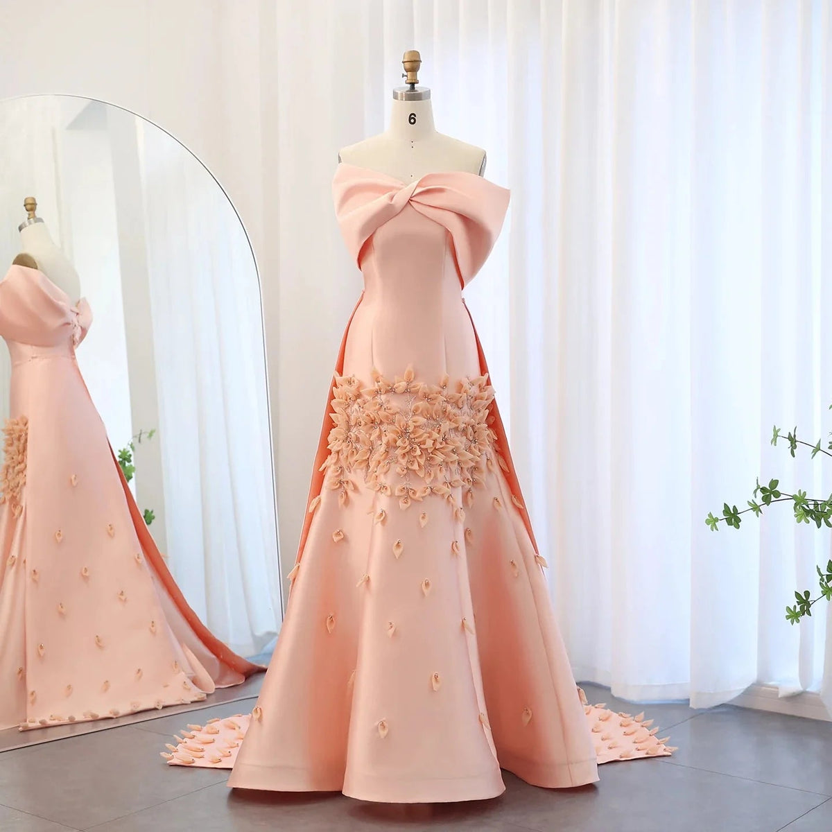 Luxury 3D Flowers Blush Pink Satin Mermaid Evening Dress Elegant Off Shoulder SS464
