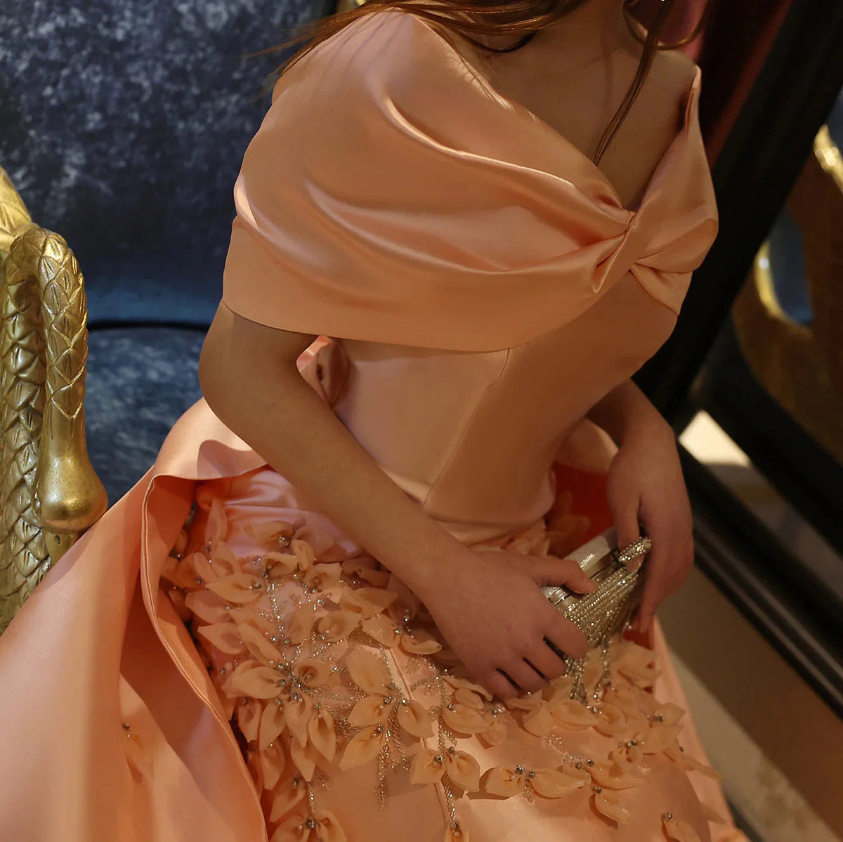 Luxury 3D Flowers Blush Pink Satin Mermaid Evening Dress Elegant Off Shoulder SS464