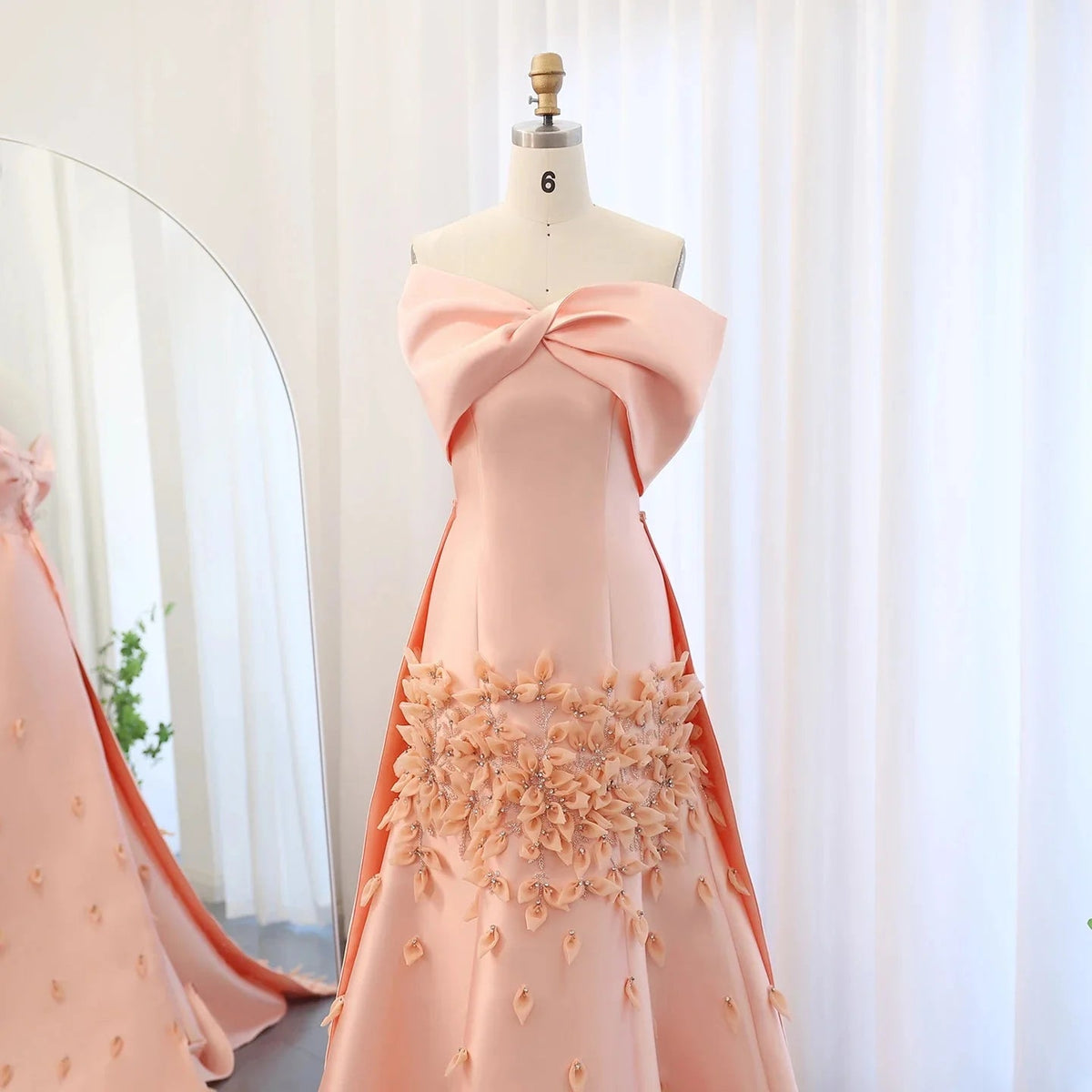 Luxury 3D Flowers Blush Pink Satin Mermaid Evening Dress Elegant Off Shoulder SS464