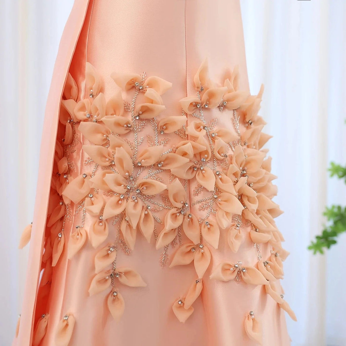 Luxury 3D Flowers Blush Pink Satin Mermaid Evening Dress Elegant Off Shoulder SS464
