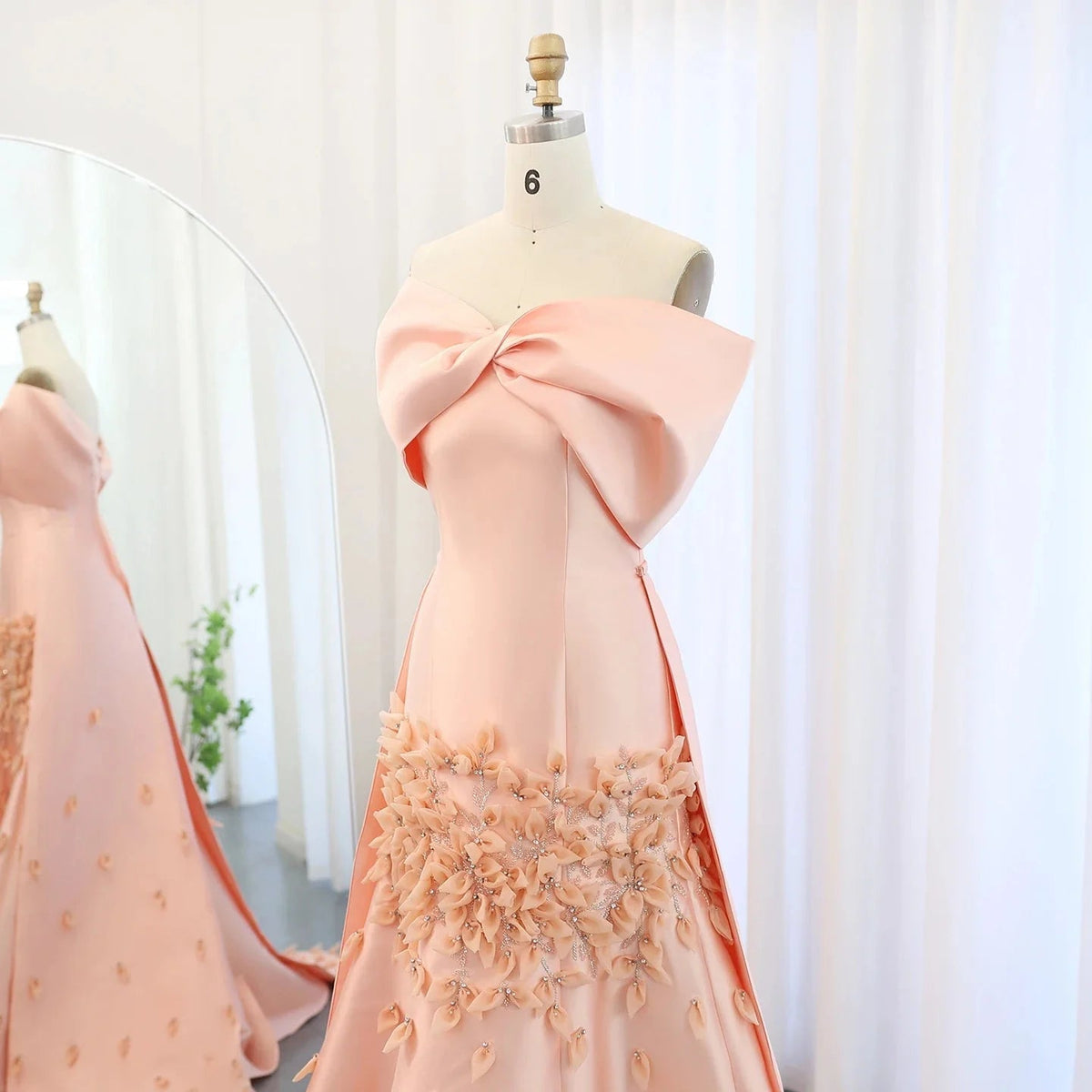 Luxury 3D Flowers Blush Pink Satin Mermaid Evening Dress Elegant Off Shoulder SS464