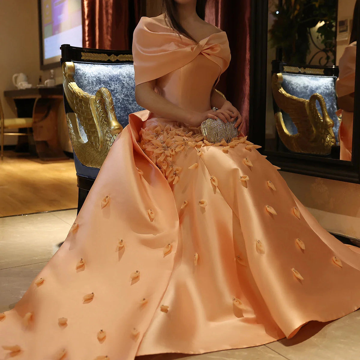 Luxury 3D Flowers Blush Pink Satin Mermaid Evening Dress Elegant Off Shoulder SS464