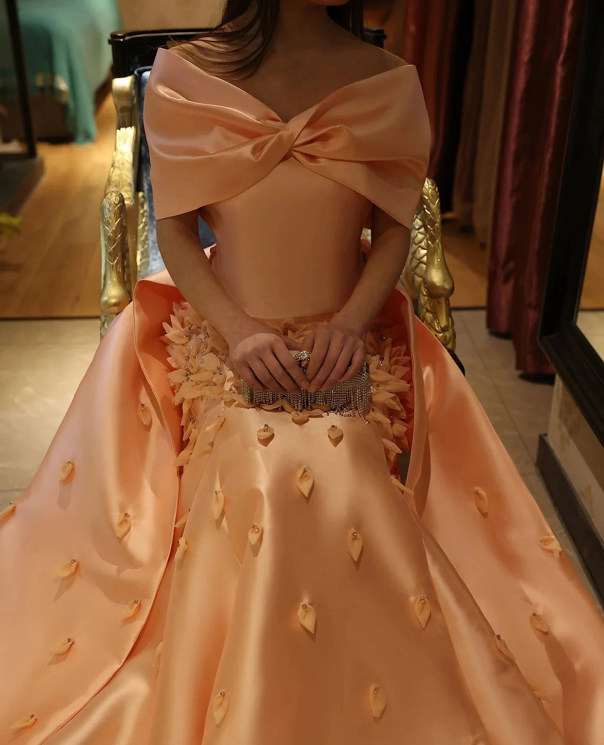 Luxury 3D Flowers Blush Pink Satin Mermaid Evening Dress Elegant Off Shoulder SS464