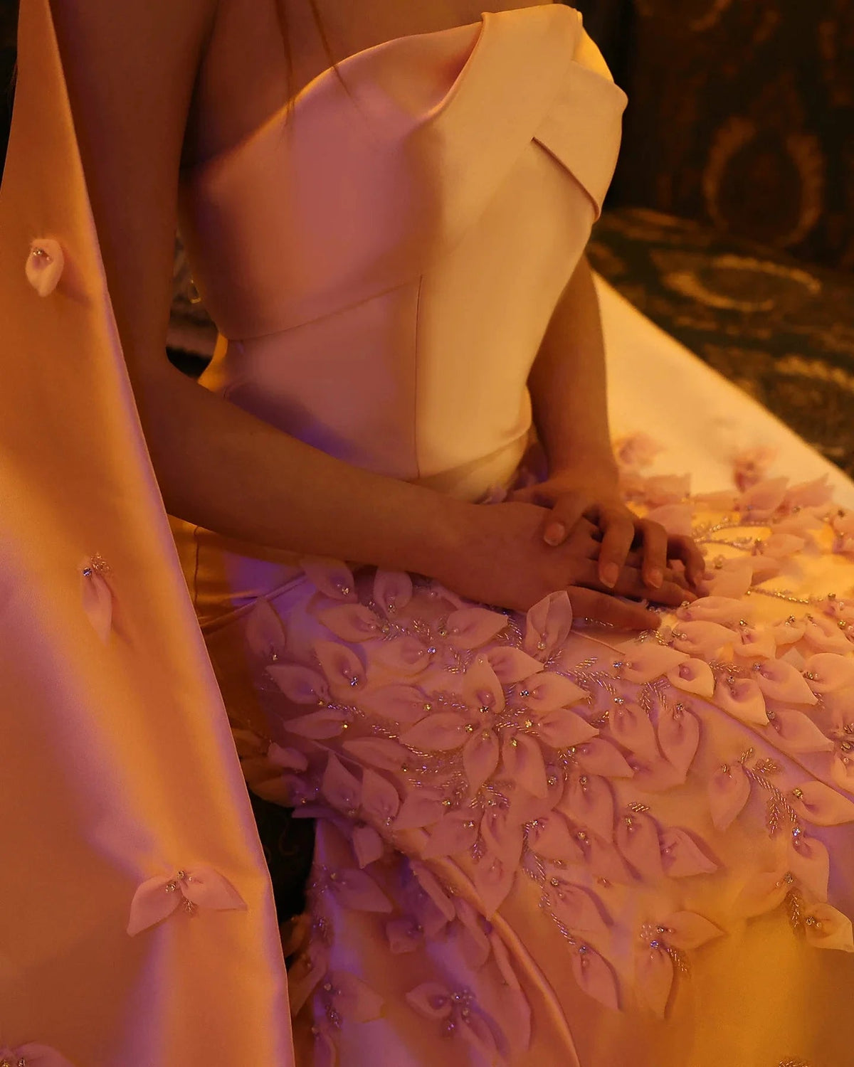 Luxury 3D Leaves Blush Pink Satin Mermaid Evening Dress with Cape SS463