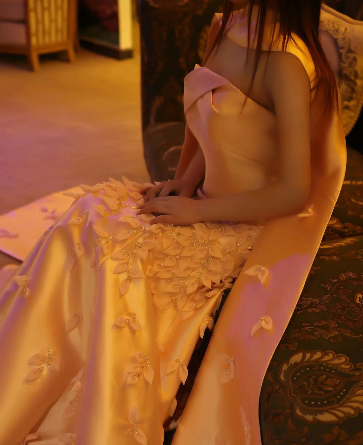 Luxury 3D Leaves Blush Pink Satin Mermaid Evening Dress with Cape SS463