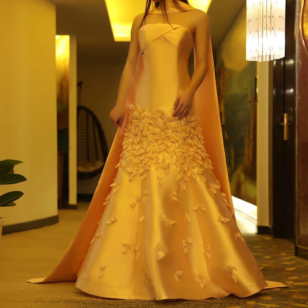 Luxury 3D Leaves Blush Pink Satin Mermaid Evening Dress with Cape SS463