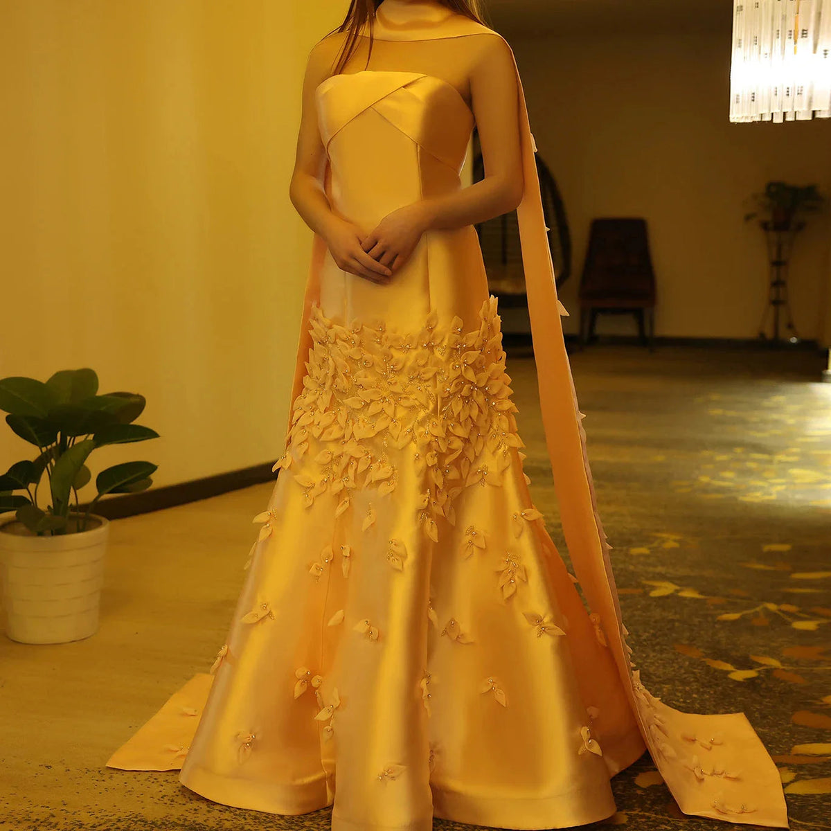 Luxury 3D Leaves Blush Pink Satin Mermaid Evening Dress with Cape SS463