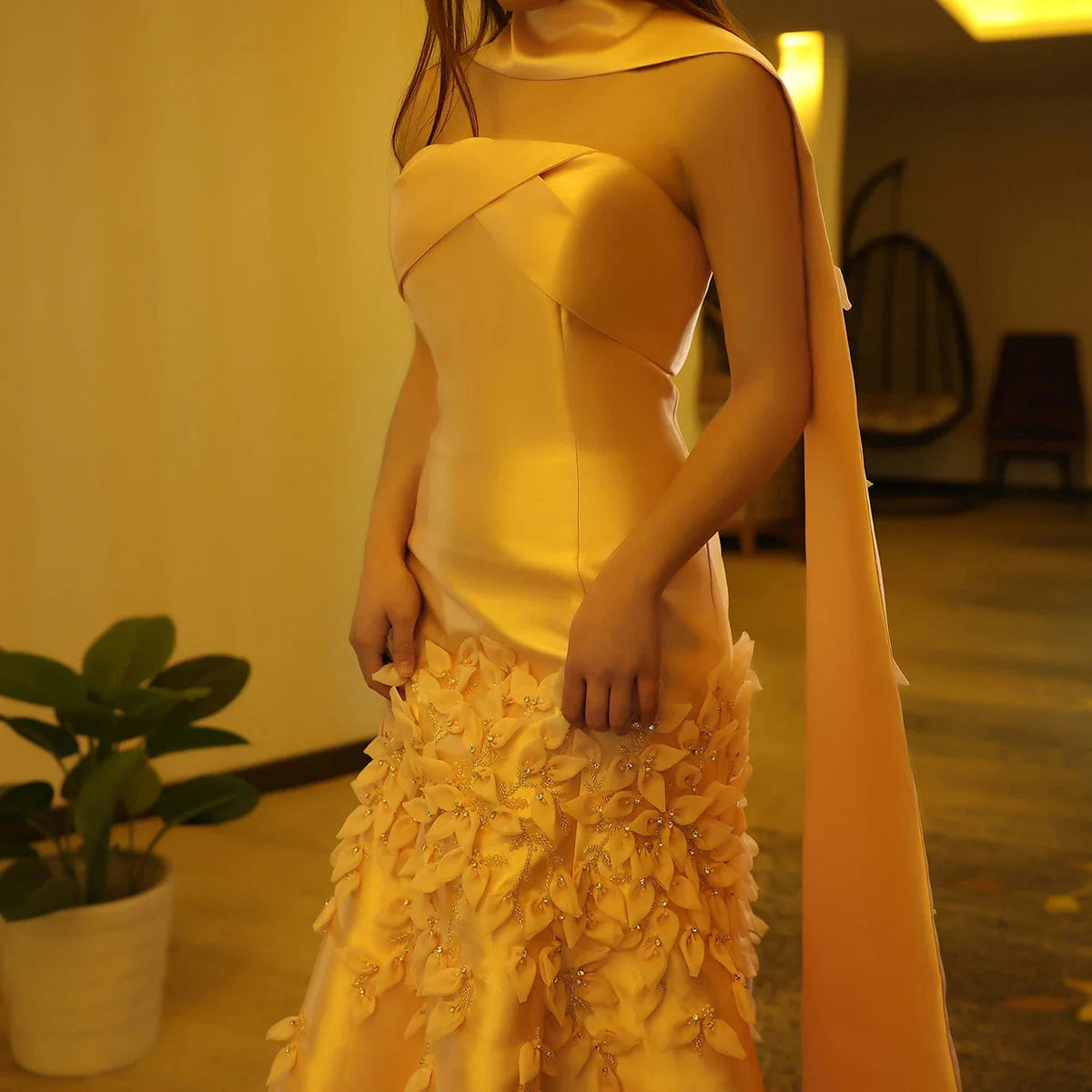 Luxury 3D Leaves Blush Pink Satin Mermaid Evening Dress with Cape SS463