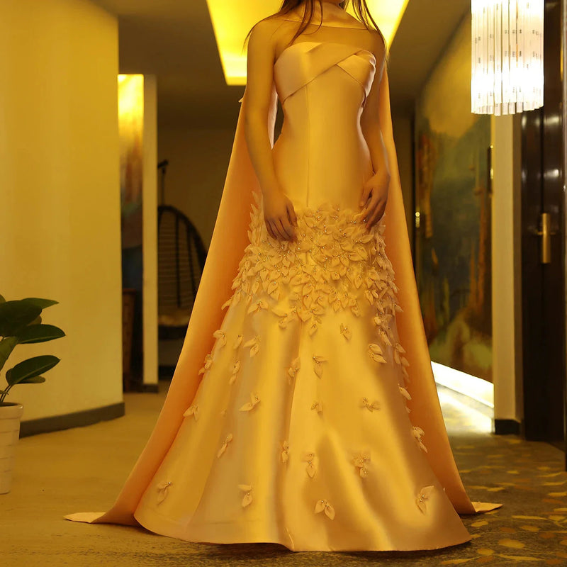 Luxury 3D Leaves Blush Pink Satin Mermaid Evening Dress with Cape SS463