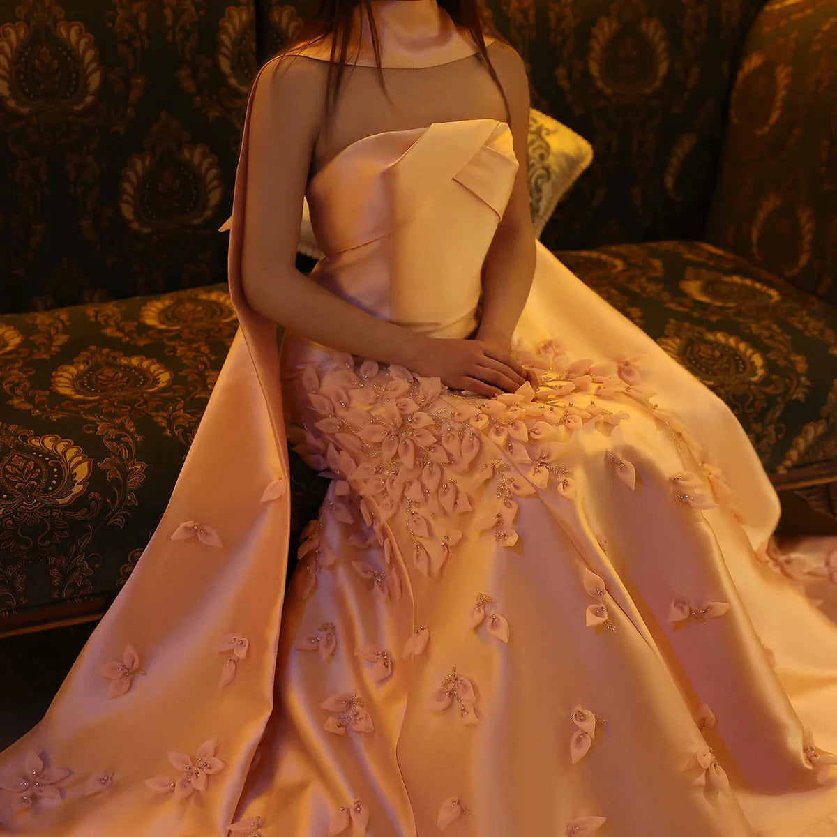 Luxury 3D Leaves Blush Pink Satin Mermaid Evening Dress with Cape SS463