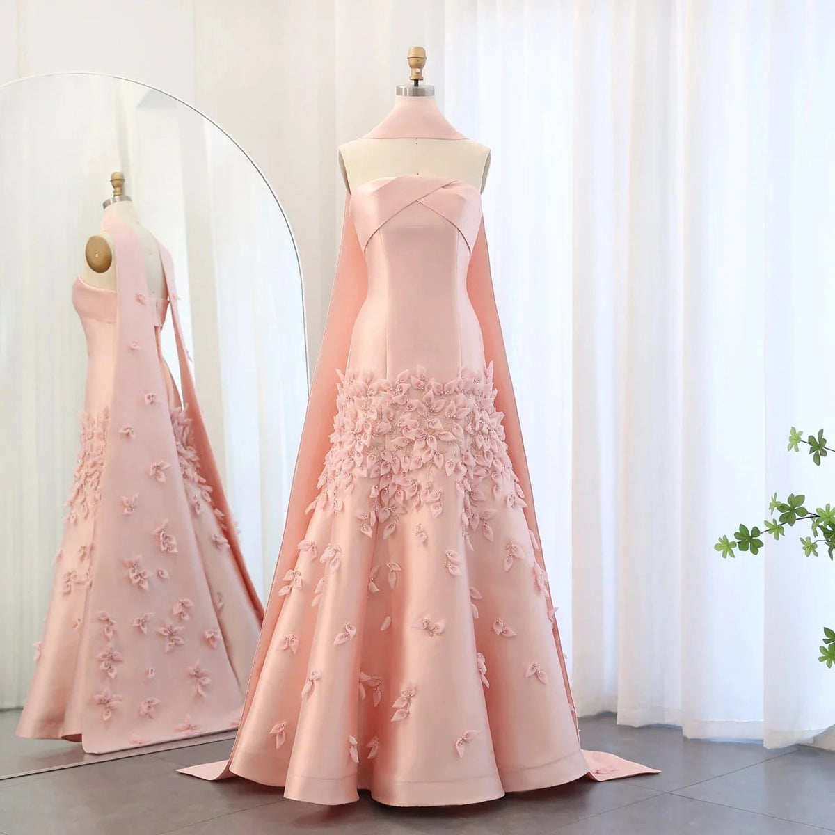 Luxury 3D Leaves Blush Pink Satin Mermaid Evening Dress with Cape SS463