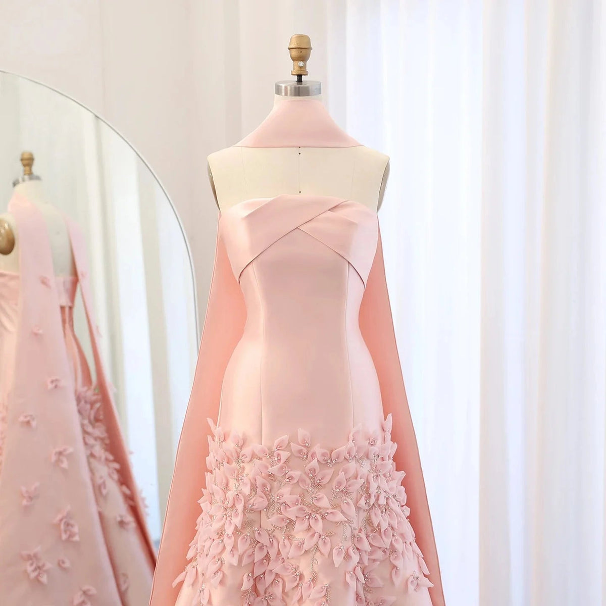 Luxury 3D Leaves Blush Pink Satin Mermaid Evening Dress with Cape SS463