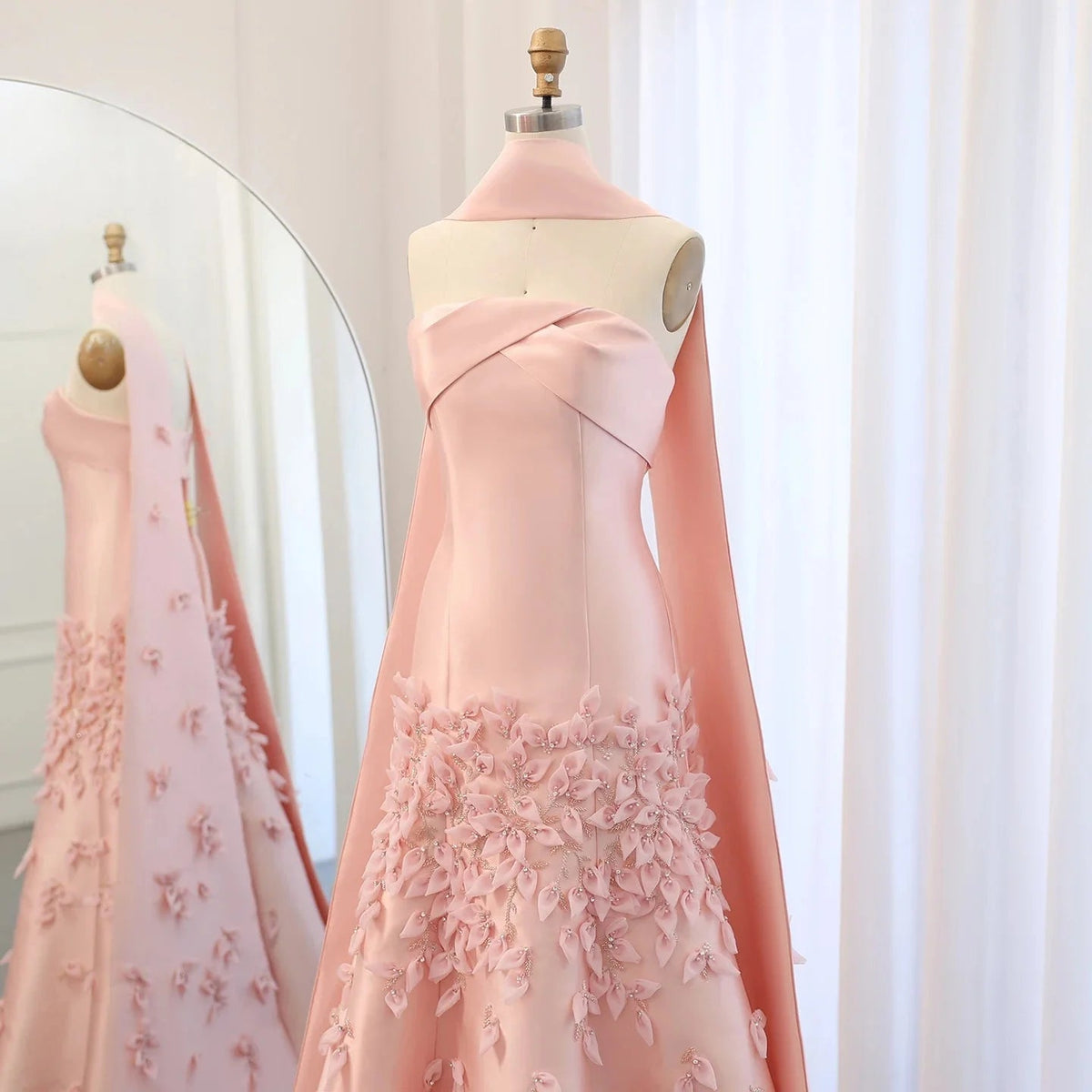 Luxury 3D Leaves Blush Pink Satin Mermaid Evening Dress with Cape SS463