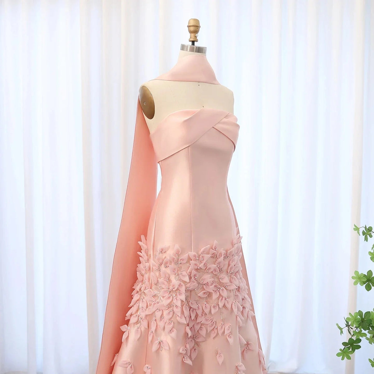 Luxury 3D Leaves Blush Pink Satin Mermaid Evening Dress with Cape SS463