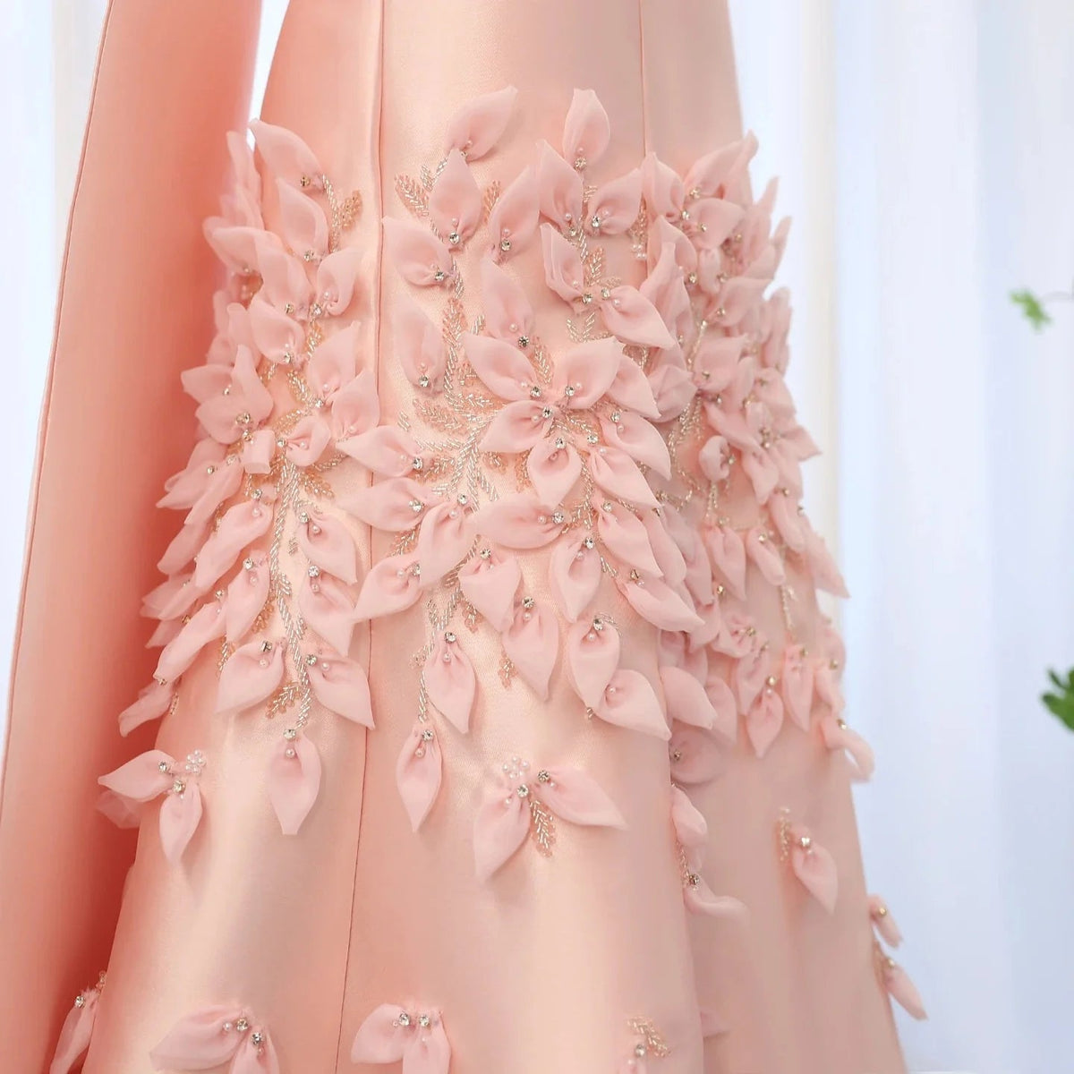 Luxury 3D Leaves Blush Pink Satin Mermaid Evening Dress with Cape SS463