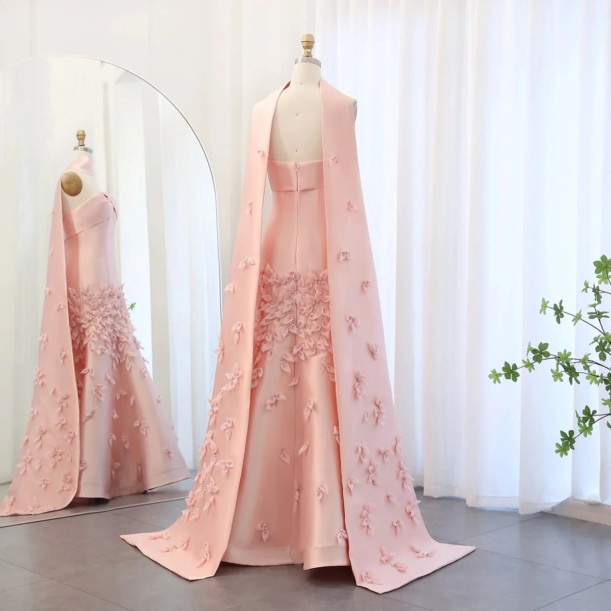 Luxury 3D Leaves Blush Pink Satin Mermaid Evening Dress with Cape SS463