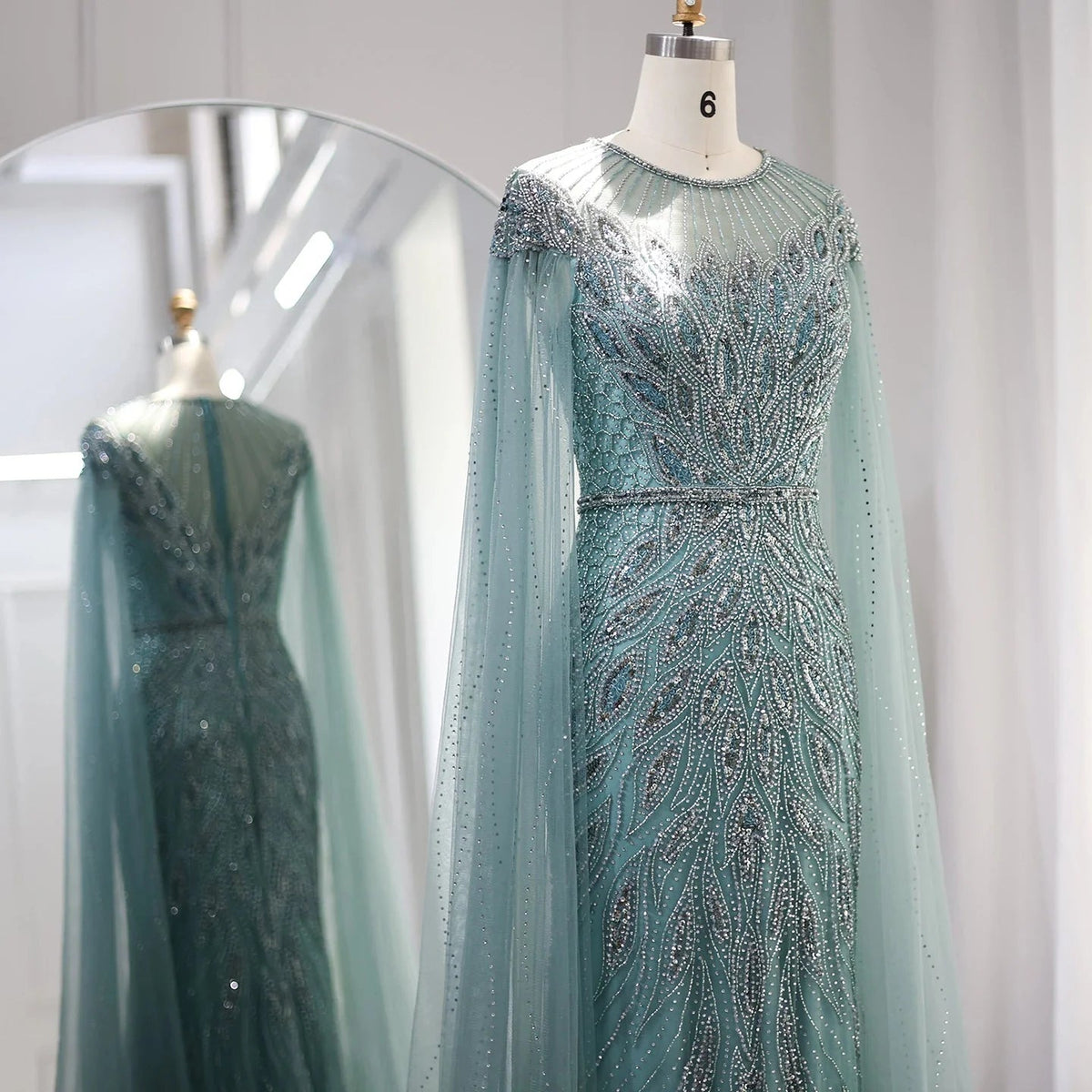Luxury Arabic Blue Mermaid Evening Dress with Cape Sleeves Sage Green Gold Dubai Women Wedding Party Gowns SS009