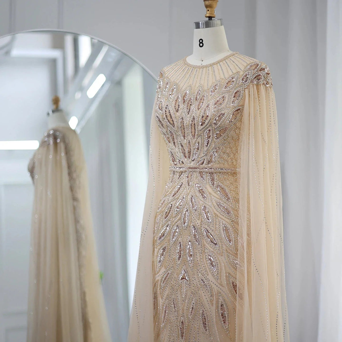 Luxury Arabic Blue Mermaid Evening Dress with Cape Sleeves Sage Green Gold Dubai Women Wedding Party Gowns SS009