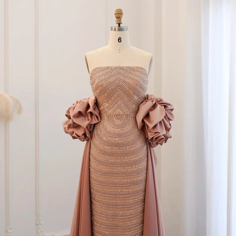 Luxury Arabic Dusty Rose Evening Dresses with Cape Dubai Elegant Strapless Midi Women Wedding Party Gowns 2024 SS492