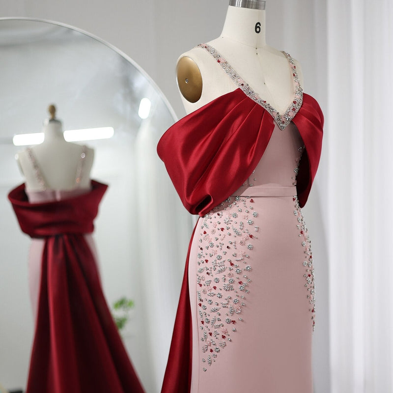 Luxury Arabic Pink Burgundy Mermaid Evening Dress with Cape Dubai Engagement Dress for Women Wedding Party SS446