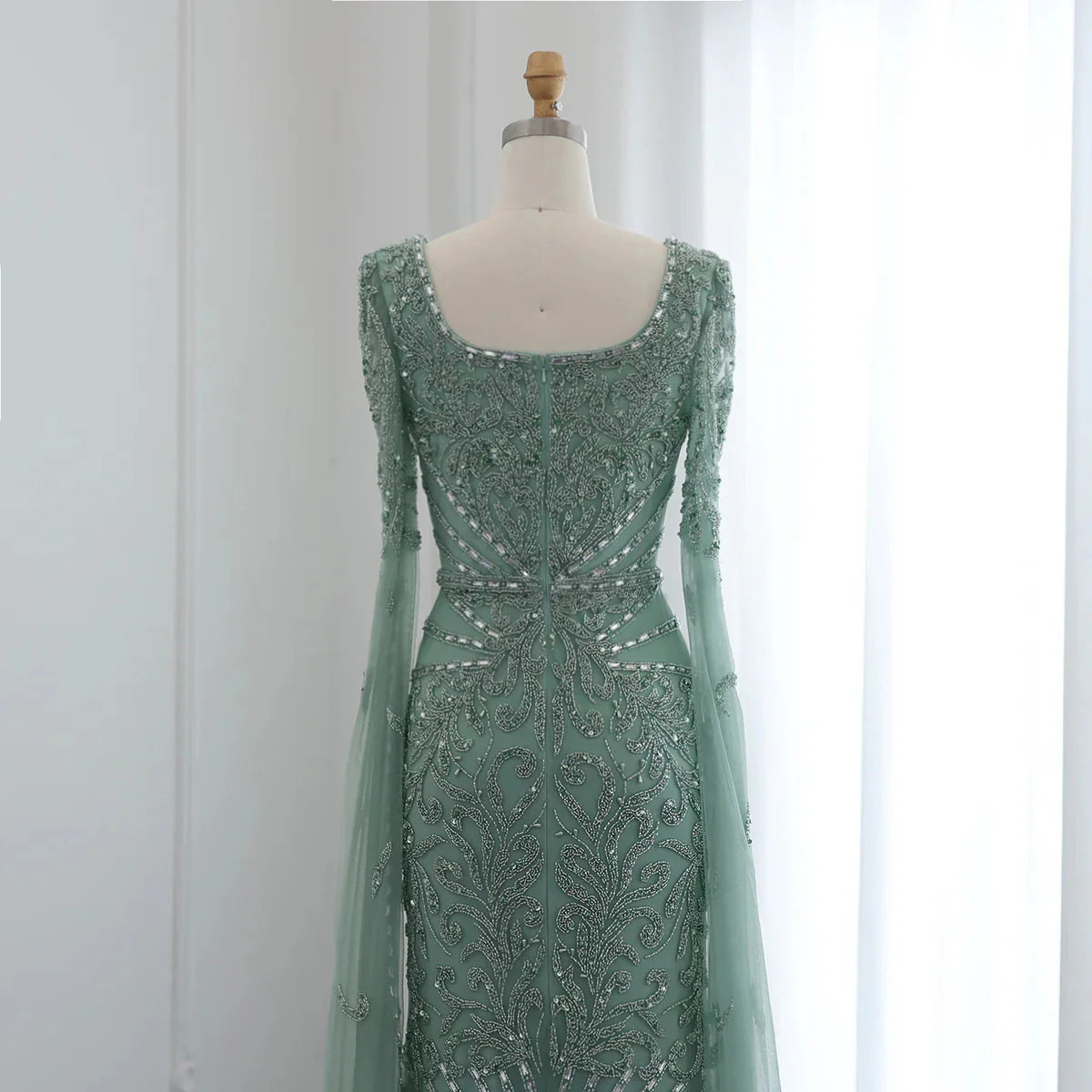 Luxury Arabic Turquoise Evening Dress with Cape Sleeves Elegant Sqaure Neck Dubai Women Wedding Party Gowns SS469