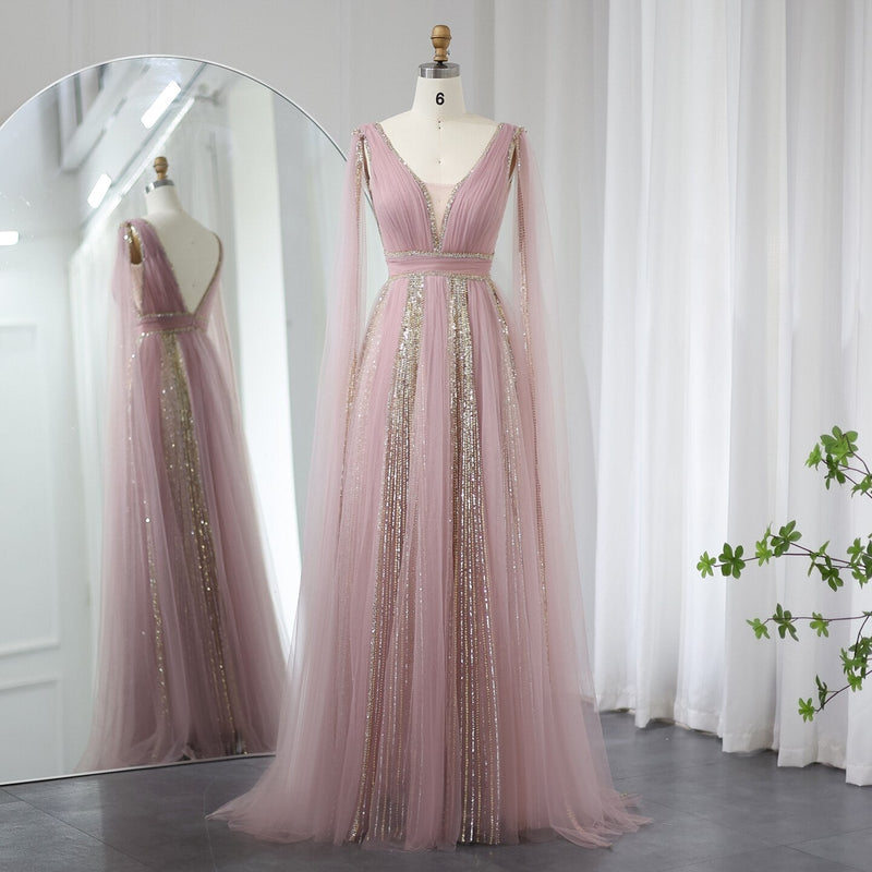 Luxury Arabic Women Pink Evening Dress with Cape Sleeves Elegant Sage Green Yellow Dubai Wedding Party Gowns SS010