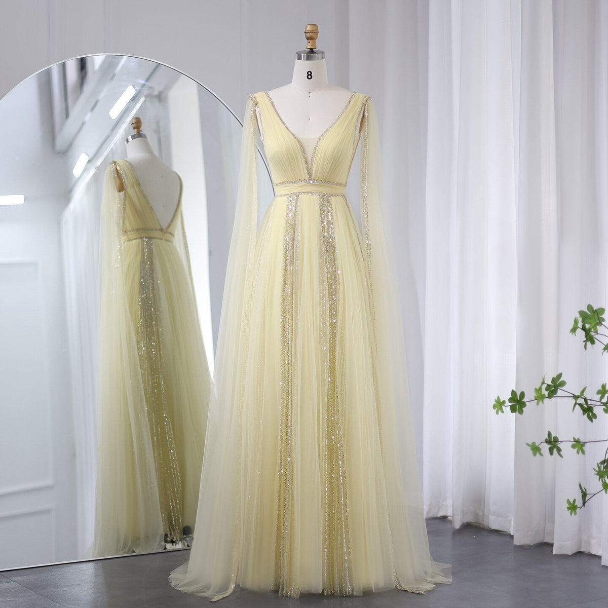 Luxury Arabic Women Pink Evening Dress with Cape Sleeves Elegant Sage Green Yellow Dubai Wedding Party Gowns SS010