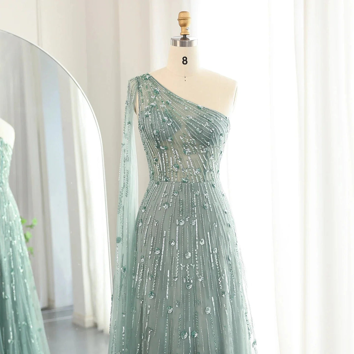 Luxury Beaded Black One Shoulder Evening Dresses with Cape Sleeve Sage Green Lilac Women Wedding Party Gowns SS182