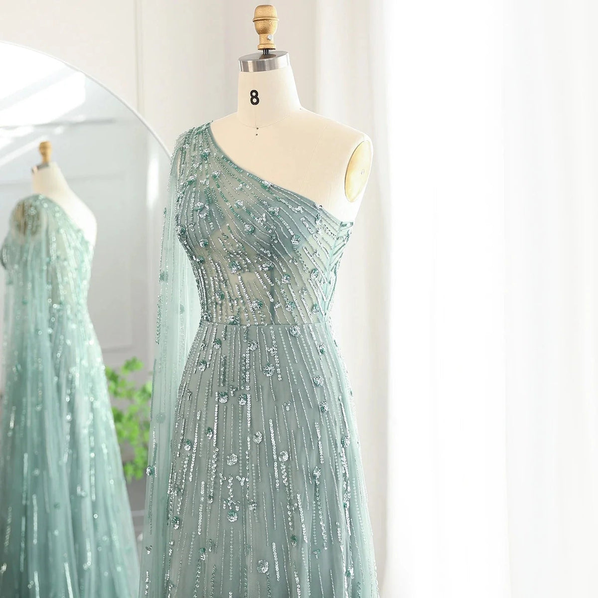 Luxury Beaded Black One Shoulder Evening Dresses with Cape Sleeve Sage Green Lilac Women Wedding Party Gowns SS182