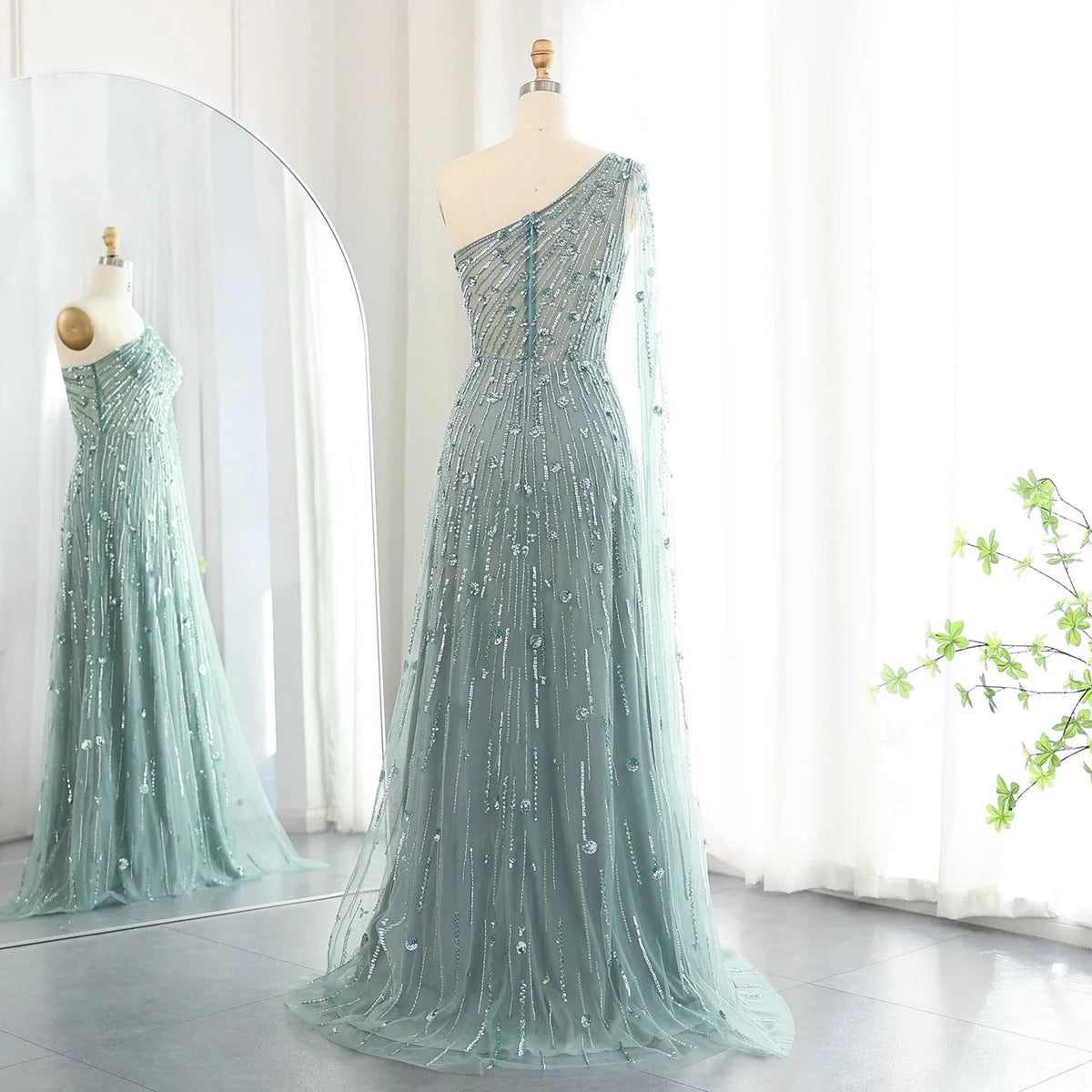 Luxury Beaded Black One Shoulder Evening Dresses with Cape Sleeve Sage Green Lilac Women Wedding Party Gowns SS182