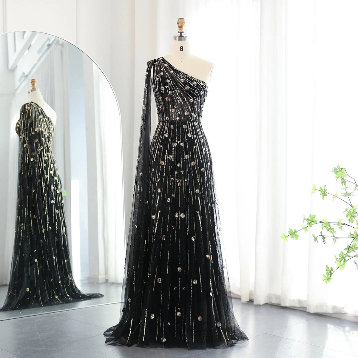Luxury Beaded Black One Shoulder Evening Dresses with Cape Sleeve Sage Green Lilac Women Wedding Party Gowns SS182