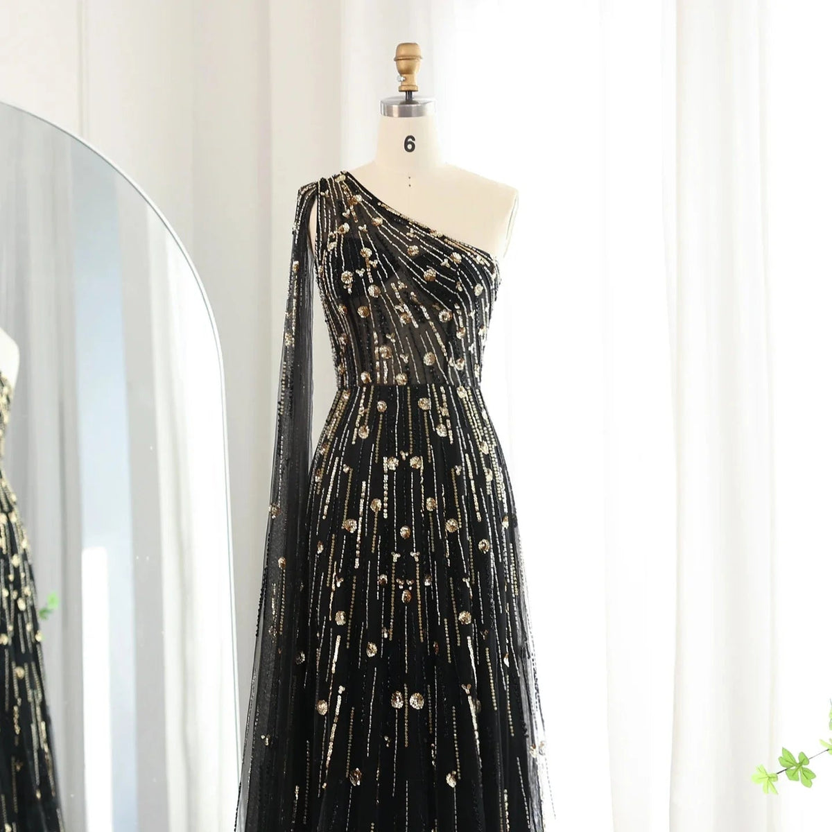 Luxury Beaded Black One Shoulder Evening Dresses with Cape Sleeve Sage Green Lilac Women Wedding Party Gowns SS182