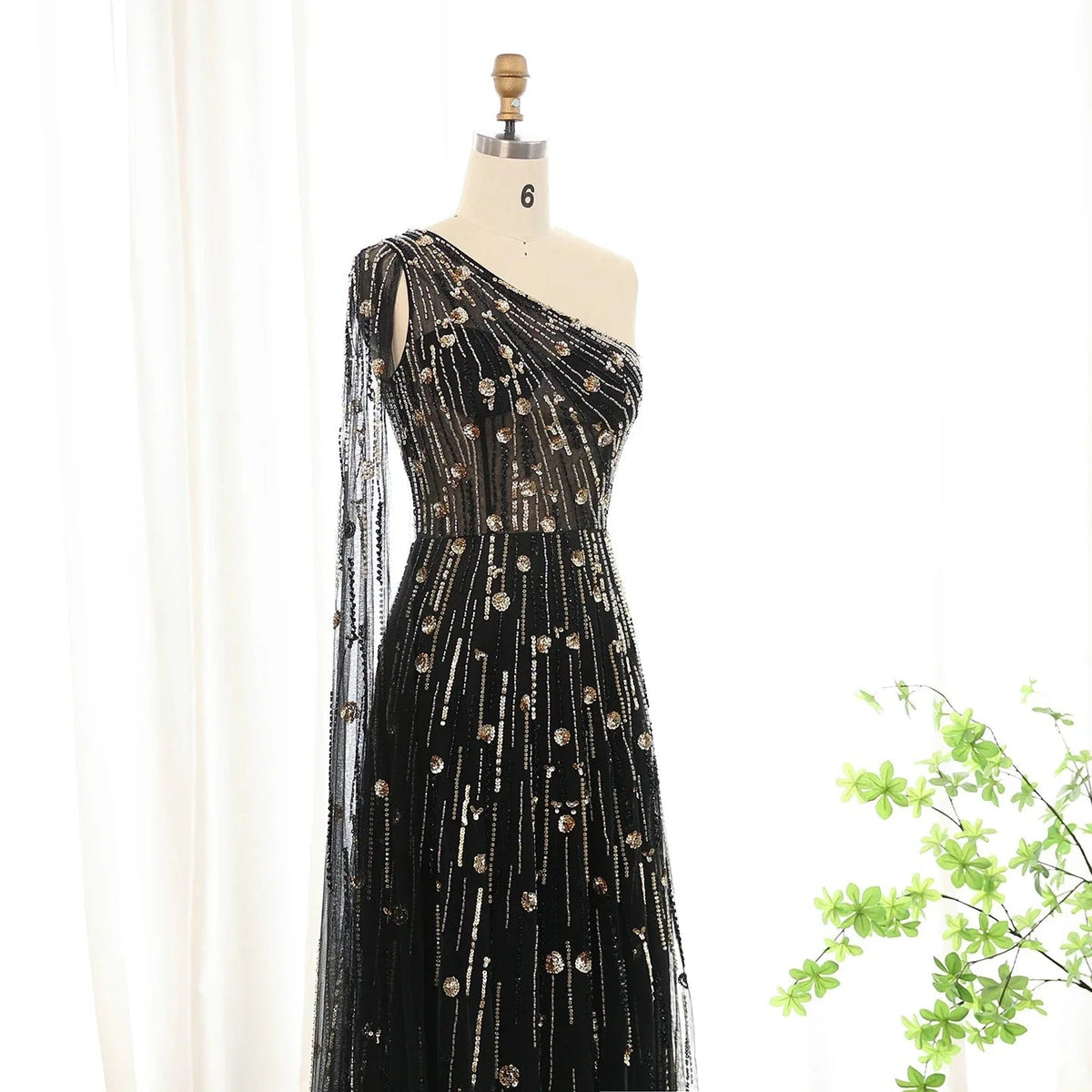 Luxury Beaded Black One Shoulder Evening Dresses with Cape Sleeve Sage Green Lilac Women Wedding Party Gowns SS182