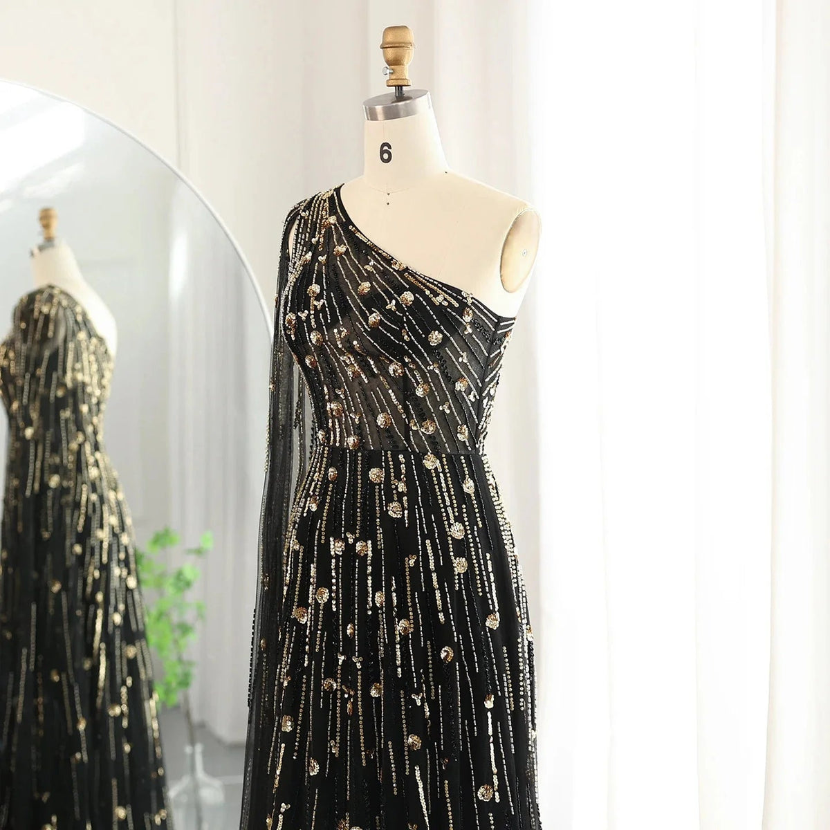Luxury Beaded Black One Shoulder Evening Dresses with Cape Sleeve Sage Green Lilac Women Wedding Party Gowns SS182