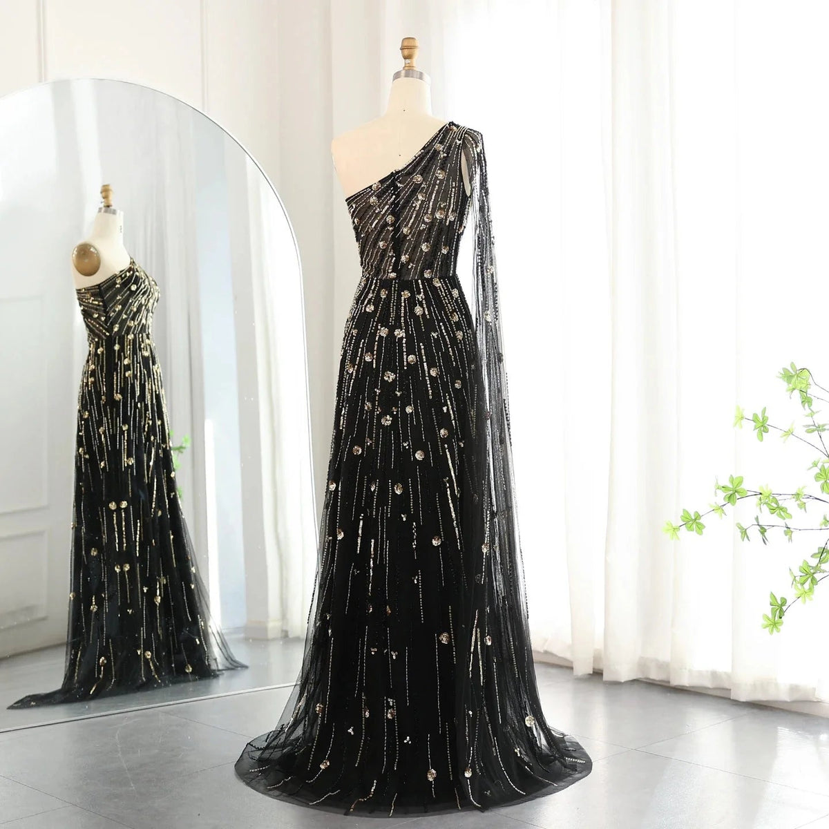 Luxury Beaded Black One Shoulder Evening Dresses with Cape Sleeve Sage Green Lilac Women Wedding Party Gowns SS182