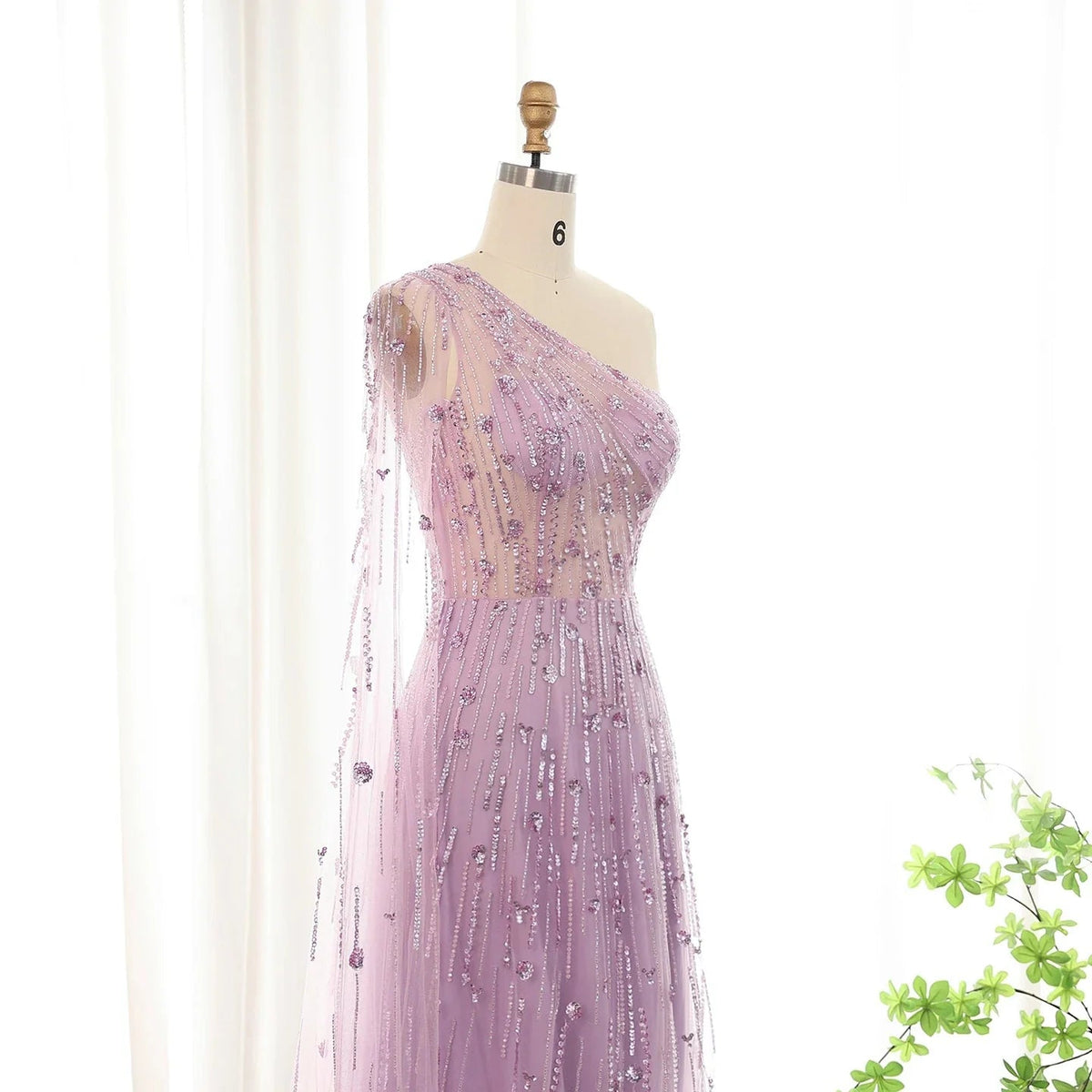Luxury Beaded Black One Shoulder Evening Dresses with Cape Sleeve Sage Green Lilac Women Wedding Party Gowns SS182