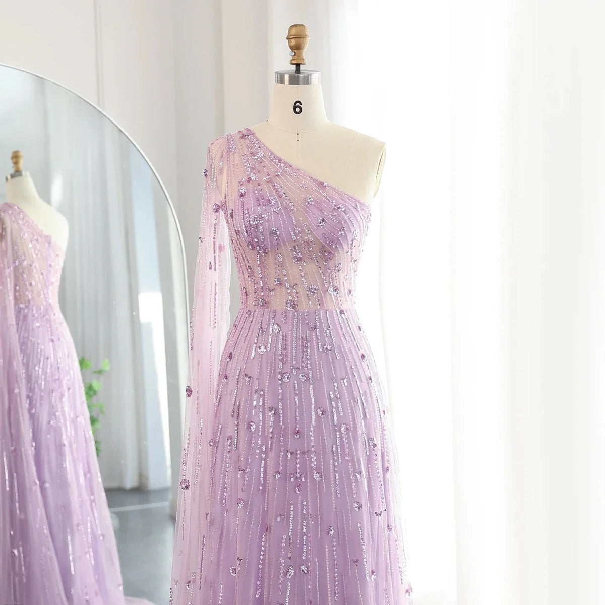 Luxury Beaded Black One Shoulder Evening Dresses with Cape Sleeve Sage Green Lilac Women Wedding Party Gowns SS182
