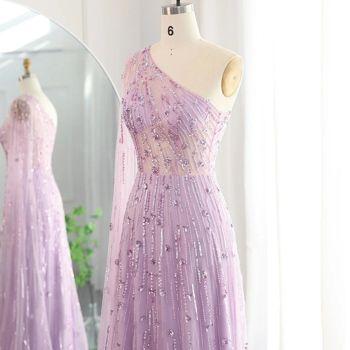 Luxury Beaded Black One Shoulder Evening Dresses with Cape Sleeve Sage Green Lilac Women Wedding Party Gowns SS182