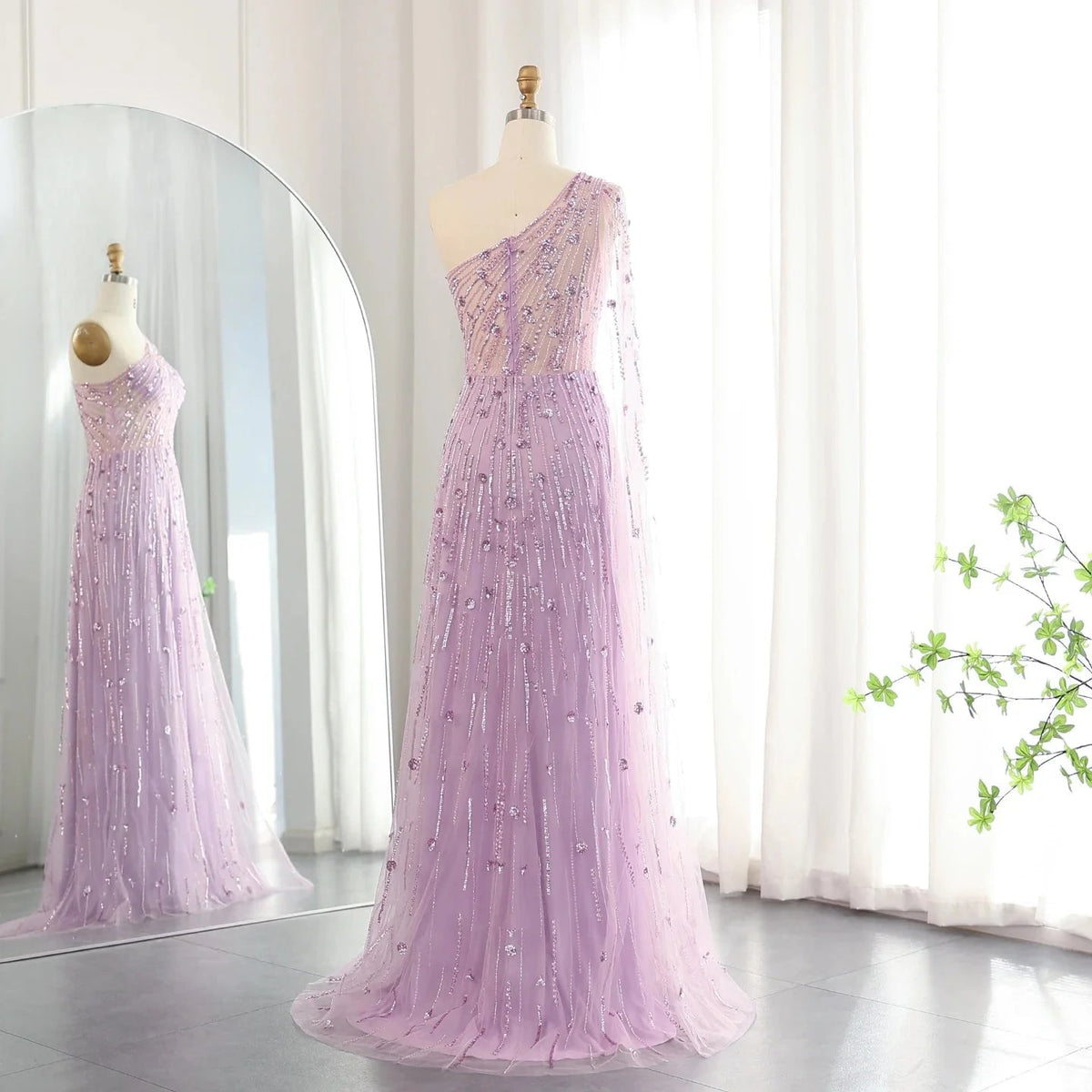 Luxury Beaded Black One Shoulder Evening Dresses with Cape Sleeve Sage Green Lilac Women Wedding Party Gowns SS182