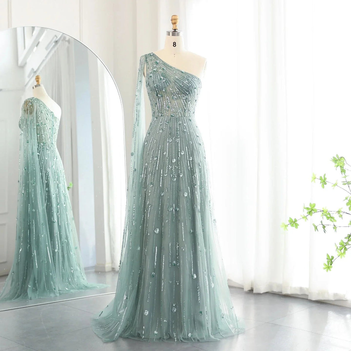 Luxury Beaded Black One Shoulder Evening Dresses with Cape Sleeve Sage Green Lilac Women Wedding Party Gowns SS182
