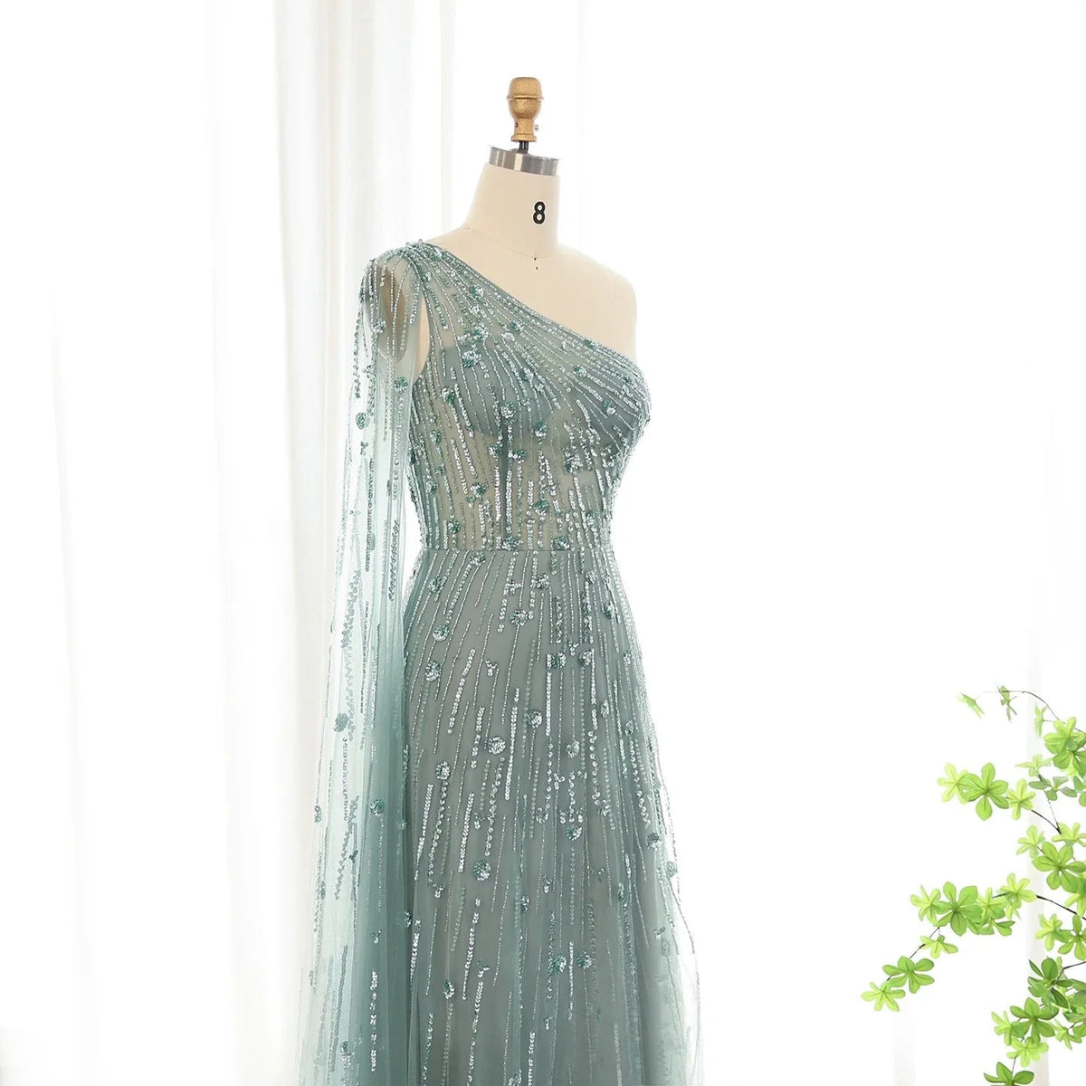 Luxury Beaded Black One Shoulder Evening Dresses with Cape Sleeve Sage Green Lilac Women Wedding Party Gowns SS182
