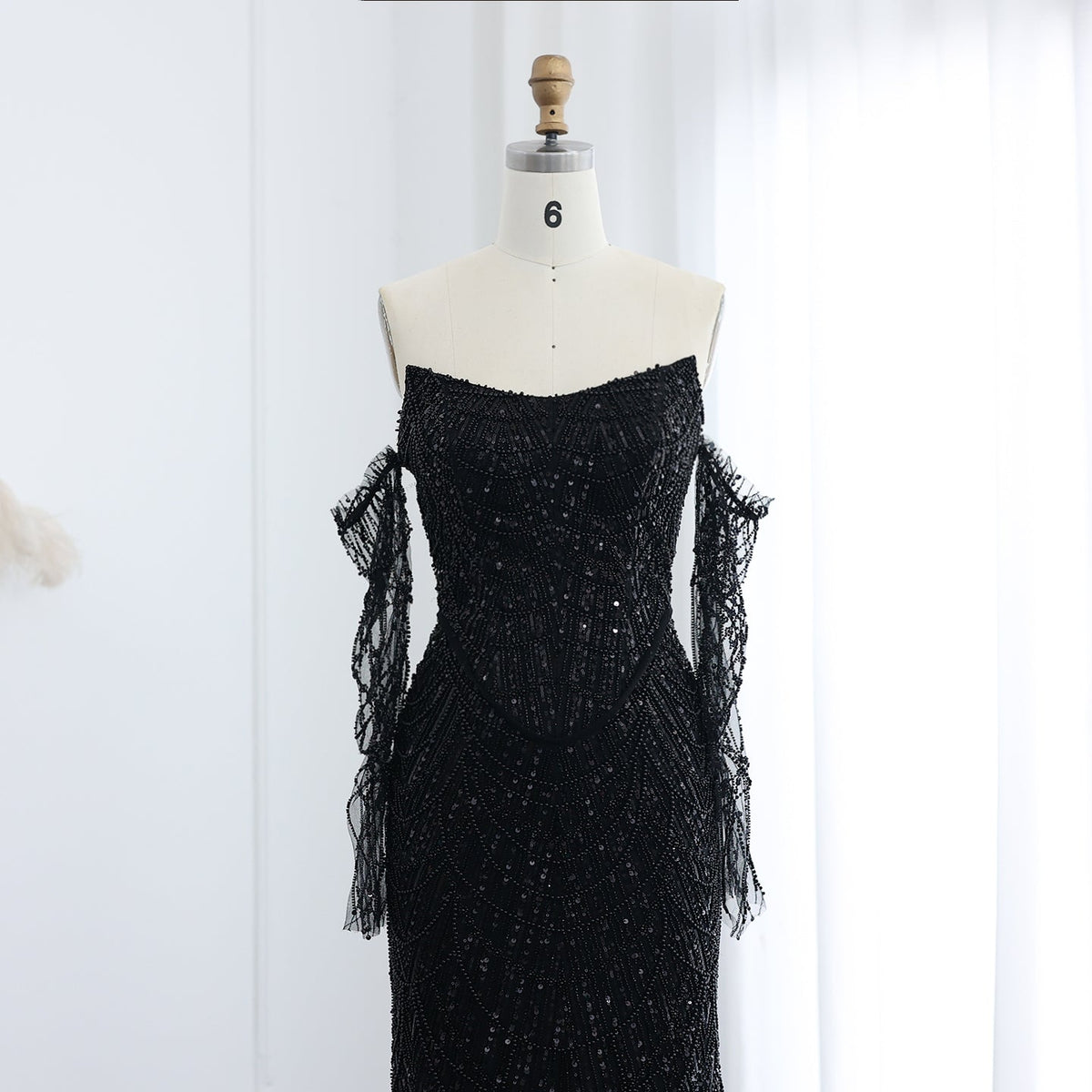Luxury Beaded Black Strapless Evening Dress with Sleeves SS113