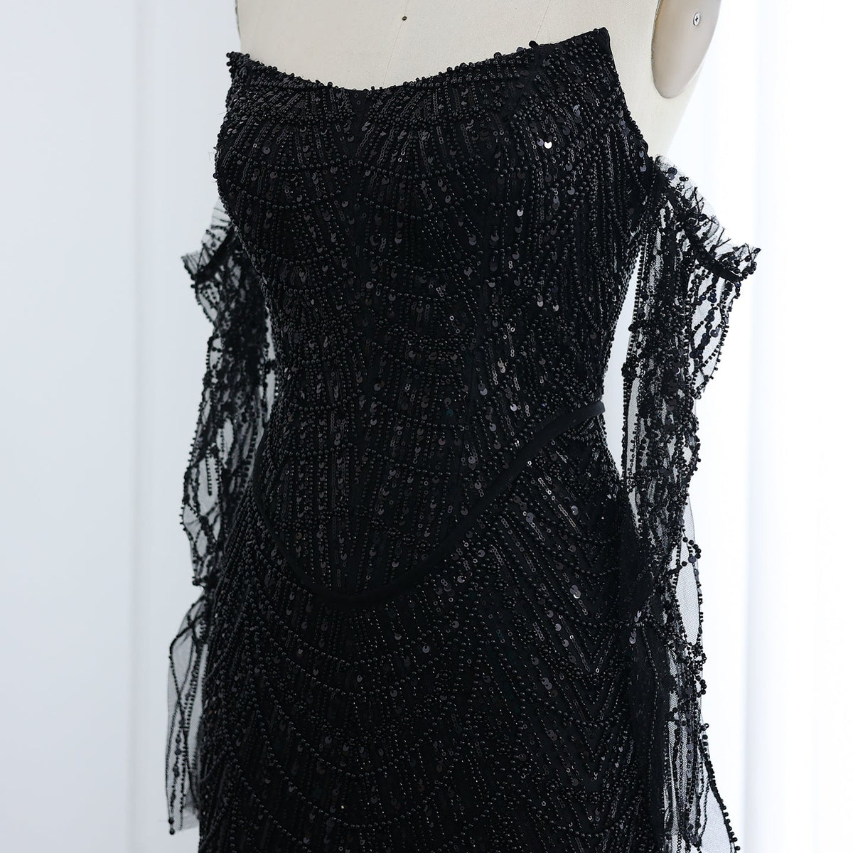 Luxury Beaded Black Strapless Evening Dress with Sleeves SS113