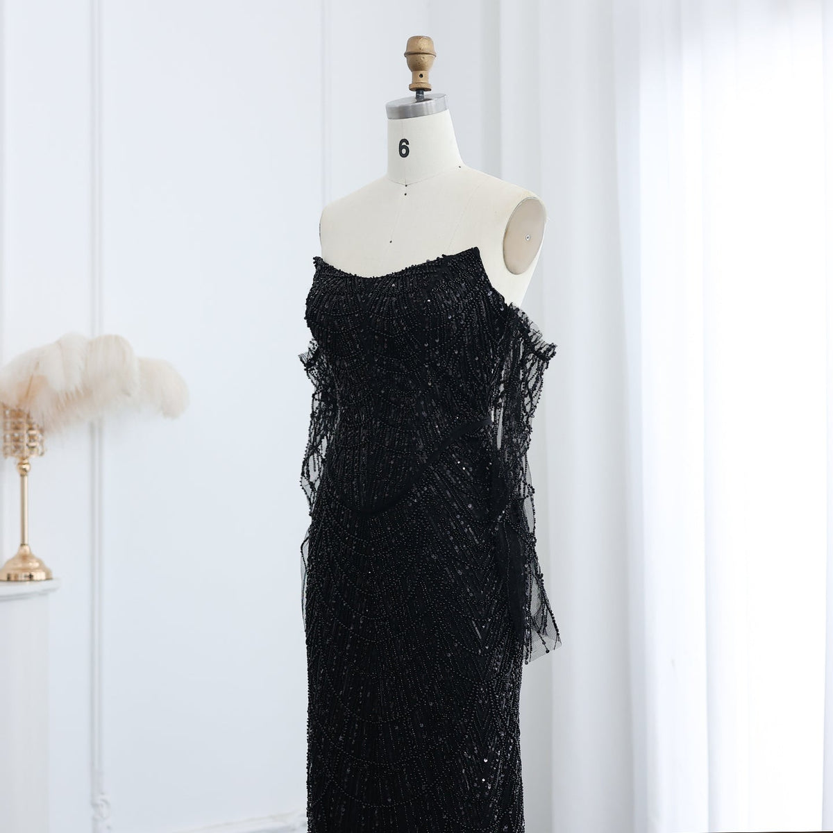 Luxury Beaded Black Strapless Evening Dress with Sleeves SS113