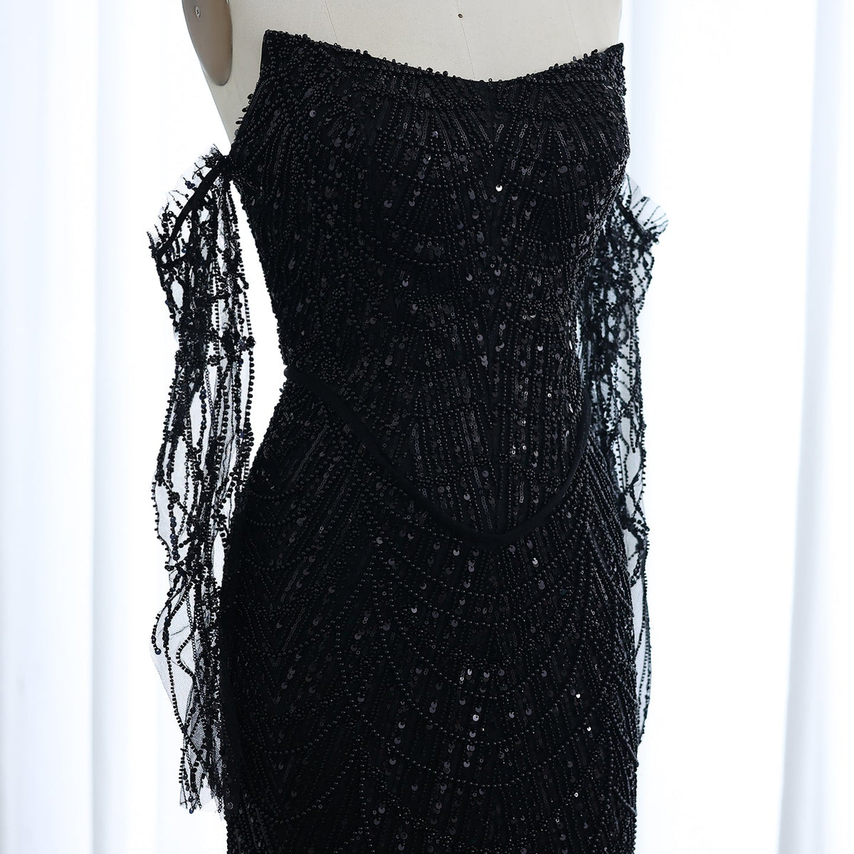 Luxury Beaded Black Strapless Evening Dress with Sleeves SS113