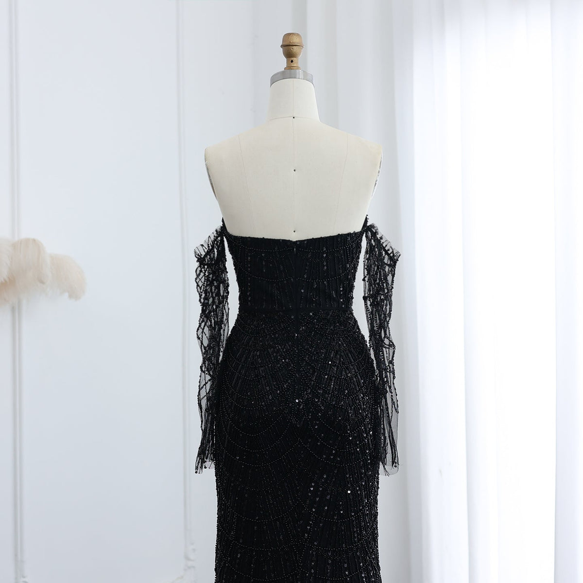 Luxury Beaded Black Strapless Evening Dress with Sleeves SS113
