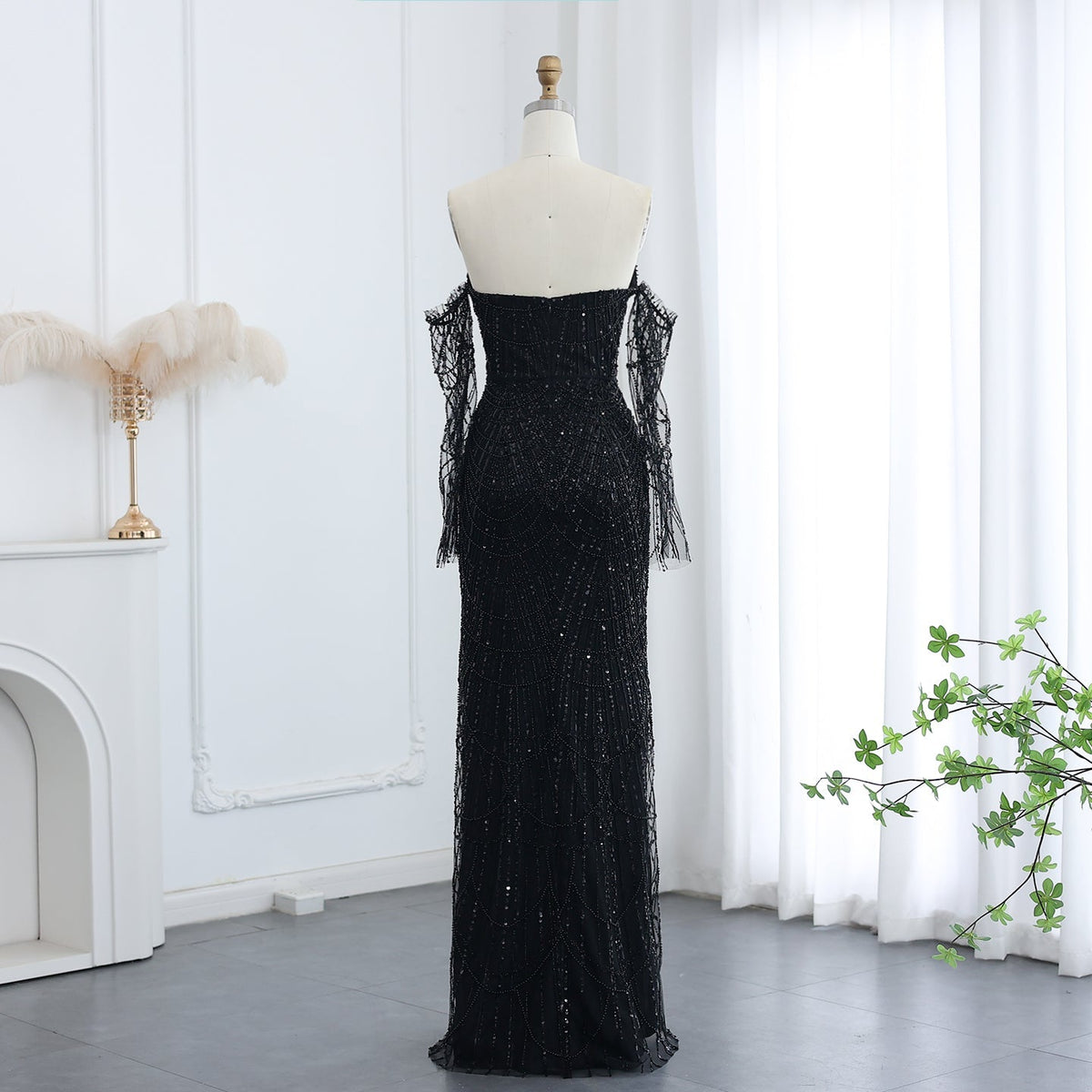 Luxury Beaded Black Strapless Evening Dress with Sleeves SS113